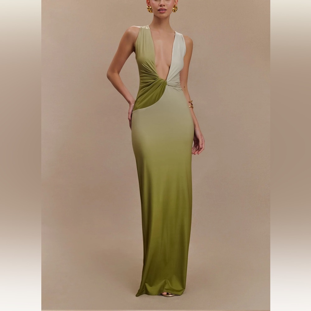 Meshki Stella Draped Slinky Maxi Dress - Ombre Vintage Olive